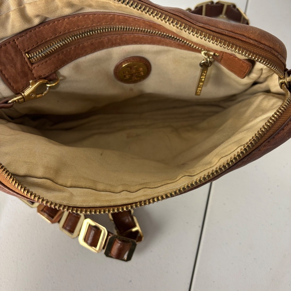Vtg Tory Burch Amanda Brown Distressed Leather Crossbody Bag Zip Top Chain Strap - Picture 5 of 10